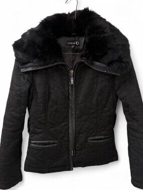 Bebe Vintage Quilted Jacket with Genuine Rabbit Fur Collar **Missing belt**